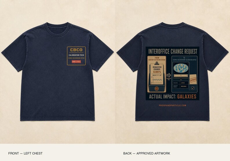 Puede incluir: Una camiseta de manga corta azul marino oscuro con un peque&ntilde;o gr&aacute;fico rectangular en el pecho izquierdo con el texto CBCO CALIBRATION TECH. La parte posterior muestra un gr&aacute;fico grande titulado INTEROFFICE CHANGE REQUEST con diagramas t&eacute;cnicos y el texto ACTUAL IMPACT: GALAXIES.