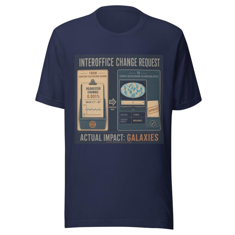 Op de afbeelding: Een marineblauw t-shirt met korte mouwen en een grafische print met de titel INTEROFFICE CHANGE REQUEST. Het ontwerp toont een bureaucratisch formulierproces tussen de Quantum Fluctuations Division en het Cosmic Background Calibration Office, eindigend met de tekst ACTUAL IMPACT: GALAXIES.