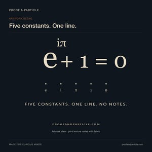 May include: A dark navy poster featuring Euler's identity equation e to the power of i times pi plus one equals zero in cream-colored text. Below the equation, the individual constants e, i, pi, 1, and 0 are listed with dots above each character.