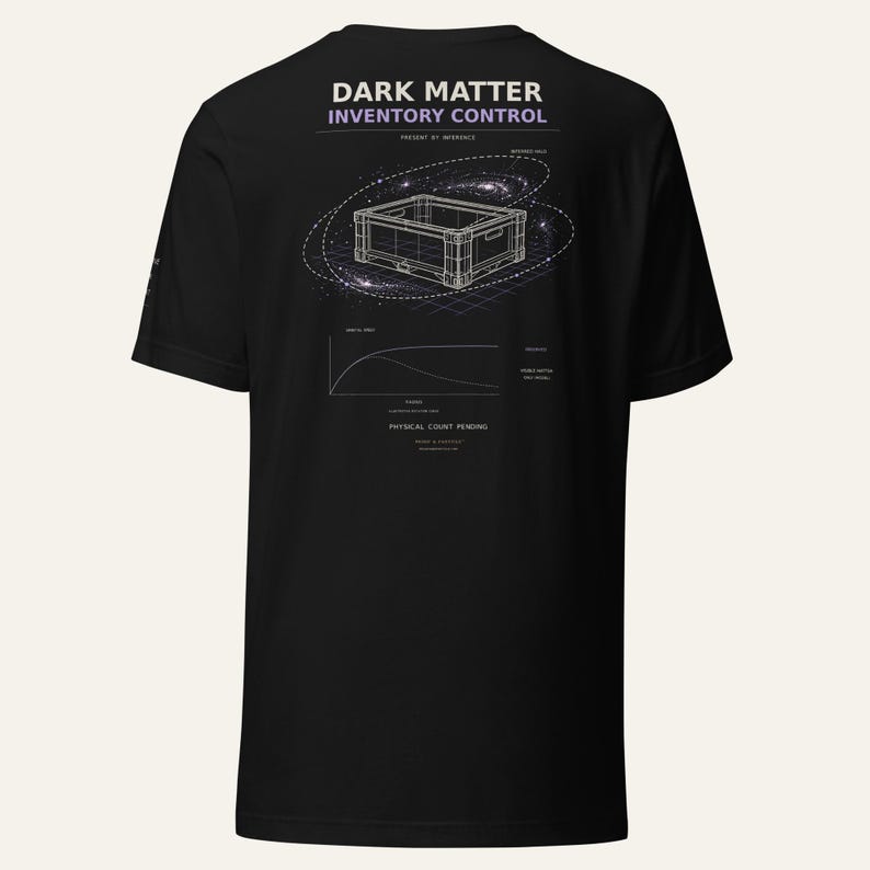 May include: A black short-sleeve t-shirt featuring a white graphic on the back. The design includes the text DARK MATTER INVENTORY CONTROL, a wireframe crate illustration surrounded by a galaxy, a scientific line graph, and the text PHYSICAL COUNT PENDING.