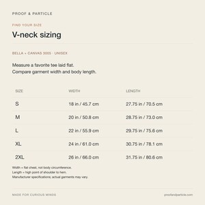 May include: A sizing chart for a Bella + Canvas 3005 unisex V-neck t-shirt. The chart lists sizes S through 2XL with corresponding widths and lengths in inches, ranging from 18 to 26 inches in width and 27.75 to 31.75 inches in length.