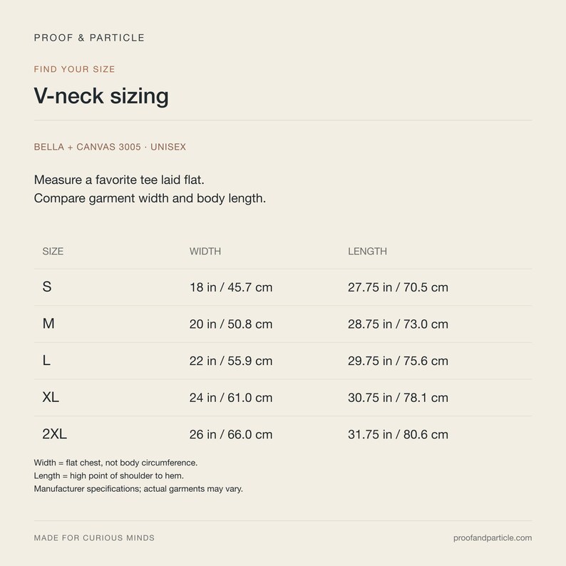 May include: A sizing chart for a Bella + Canvas 3005 unisex V-neck t-shirt. The chart lists sizes S through 2XL with corresponding widths and lengths in inches, ranging from 18 to 26 inches in width and 27.75 to 31.75 inches in length.
