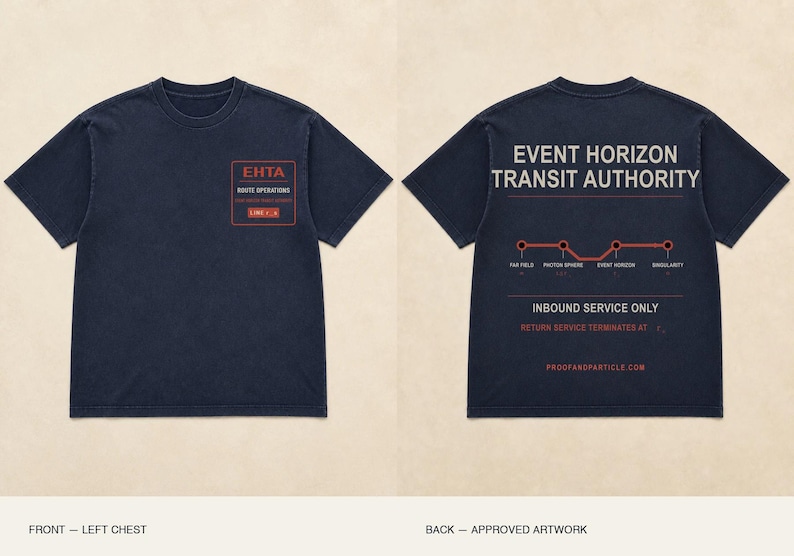 May include: A dark navy blue t-shirt featuring a red rectangular graphic on the left chest with the text EHTA ROUTE OPERATIONS. The back displays the text EVENT HORIZON TRANSIT AUTHORITY above a red line diagram and INBOUND SERVICE ONLY.
