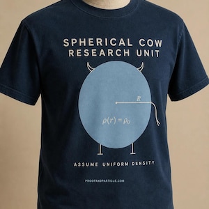 May include: A navy blue t-shirt featuring a light blue circle graphic with horns and a tail. The text reads: SPHERICAL COW RESEARCH UNIT, the equation rho(r) = rho_0, the phrase ASSUME UNIFORM DENSITY, and the website PROOFANDPARTICLE.COM.