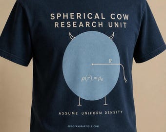 May include: A navy blue t-shirt featuring a light blue circle graphic with horns and a tail. The text reads: SPHERICAL COW RESEARCH UNIT, the equation rho(r) = rho_0, the phrase ASSUME UNIFORM DENSITY, and the website PROOFANDPARTICLE.COM.
