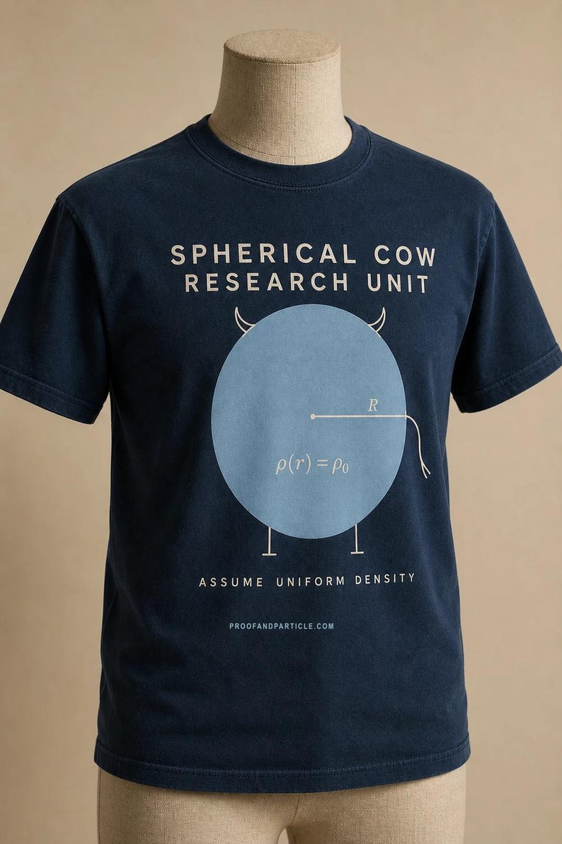 Puede incluir: Una camiseta azul marino con un gr&aacute;fico de c&iacute;rculo azul claro con cuernos y cola. El texto dice: SPHERICAL COW RESEARCH UNIT, la ecuaci&oacute;n rho(r) = rho_0, la frase ASSUME UNIFORM DENSITY y el sitio web PROOFANDPARTICLE.COM.