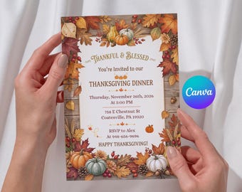 Vorlage für eine bearbeitbare Einladung zum Thanksgiving-Dinner, rustikale Thanksgiving-Einladung, druckbare Einladung zur Thanksgiving-Party (5x7 Zoll), Canva-Vorlage