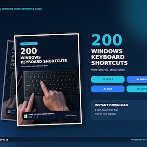 Puede incluir: Una guía de referencia rápida digital para Windows 10 y 11 con 200 atajos de teclado. La portada muestra un teclado oscuro con manos presionando teclas, titulada 200 Windows Keyboard Shortcuts. Incluye 32 páginas, formatos A4 y US Letter.