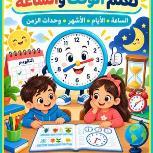 Puede incluir: Un póster educativo con título en árabe, un personaje de reloj animado, un calendario, un reloj de arena y un despertador. Dos niños están sentados en un escritorio con un libro de ejercicios abierto con diagramas de relojes, lápices y un globo.