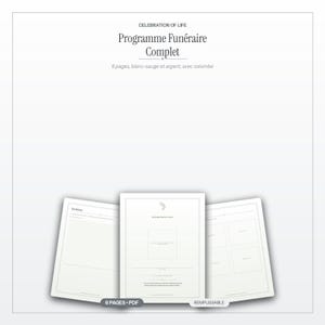 Könnte beinhalten: Eine digitale Vorlage für ein Trauerprogramm mit sechs Seiten in Weiß, Salbeigrün und Silber. Das Design enthält eine Taubengrafik, Fotoplatzhalter und Textfelder. Der Text lautet CELEBRATION OF LIFE, Programme Funéraire Complet, 6 pages, blanc-sauge et argent, avec colombe, 6 PAGES PDF und REMPLISSABLE.