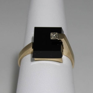 10K Frosted Yellow Gold Square Onyx and Diamond Ring