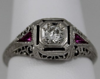 Antique 18K White Gold Diamond and Synthetic Ruby Filigree Ring c1921