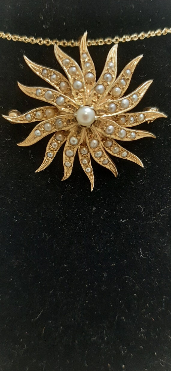 Antique Starburst gold pearl pin pendant