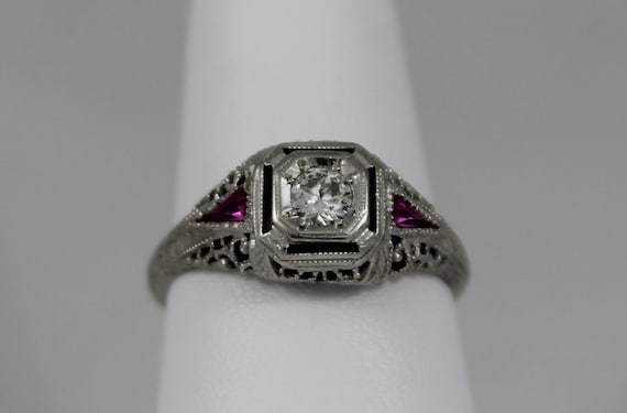 Antique 18K White Gold Diamond and Synthetic Ruby Filigree Ring c1921
