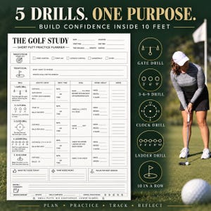 May include: A white golf practice planner sheet titled The Golf Study Short Putt Practice Planner with sections for five drills including Gate, 3-6-9, Clock, Ladder, and 10 In A Row, alongside a visual guide of these drills on a green golf course.