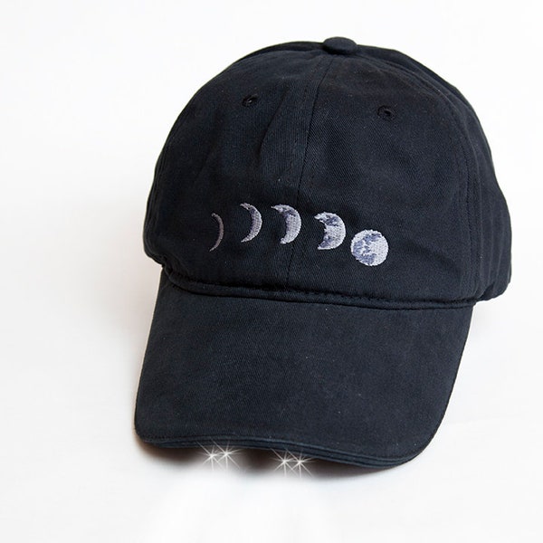 Black Structured Baseball Cap Embroidered with The Phases of the Moon ~ Lunar Cycle ~ Flashlight Hat with bright LED's ~ Camping gift