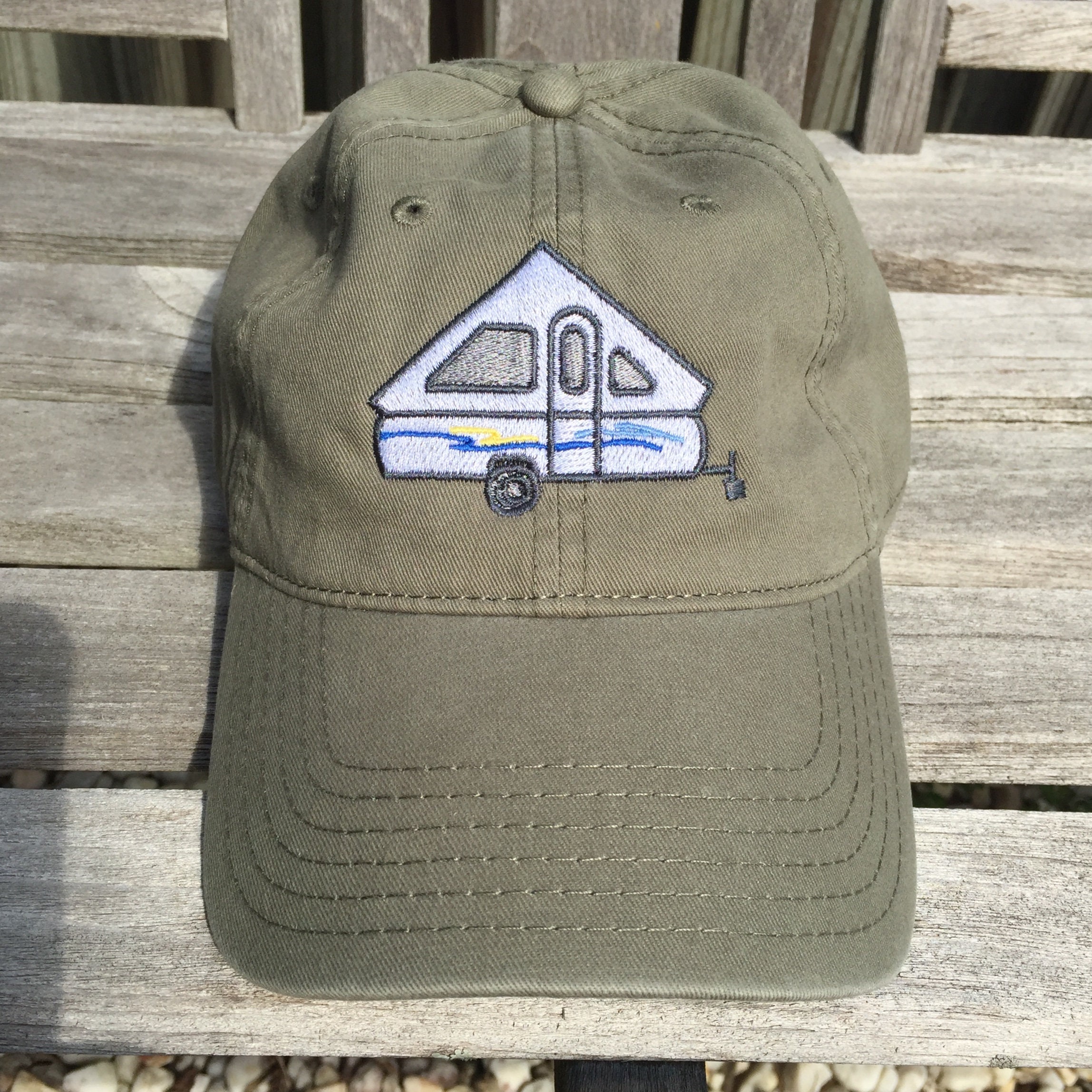 Aliner camper  embroidered on Olive Green Baseball Hat~ A frame camper~ A frame pop up