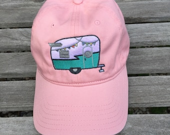 Vintage Shasta Camper Hat, Embroidered Aqua Trailer on Pink Cotton Baseball Cap