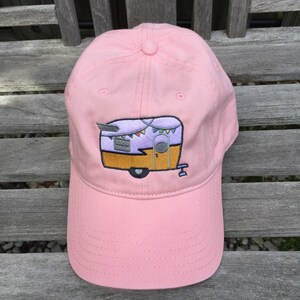 Shasta Trailer in Gold and White embroidered on Pink Baseball Hat~ Vintage Camper~ Shasta Camper