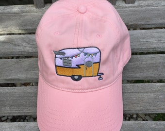 Shasta Trailer in Gold and White embroidered on Pink Baseball Hat~ Vintage Camper~ Shasta Camper