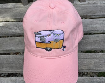 Embroidered Shasta Trailer Hat, Vintage Camper on Pink Baseball Cap