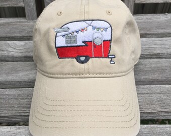 Vintage Red Shasta Trailer embroidered on a Khaki Baseball Hat~ Red and White Shasta Trailer~ Shasta Airflyte Hat