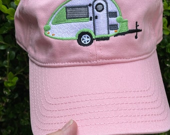 Camper Teardrop trailer embroidered on a Pink Baseball Hat