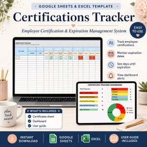 May include: A digital Google Sheets and Excel template for a Certifications Tracker. The display shows a spreadsheet for employee certification management, a dashboard with a pie chart, and a list of features including tracking and alerts.