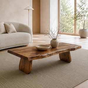 Rustieke salontafel met natuurlijke rand - Handgemaakte walnoothouten plaat - Organische moderne tafel - Japandi salontafel - Sculpturaal Japandi meubilair