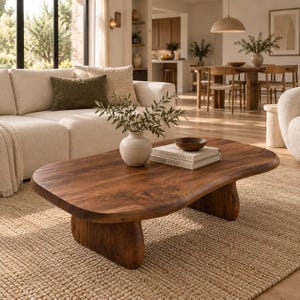 May include: A low-profile coffee table crafted from dark brown wood with a natural live edge, featuring two thick, curved slab legs. On the table sits a cream-colored ceramic vase with green branches and a small wooden bowl atop two stacked books.