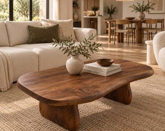 Mesa de centro orgánica de nogal macizo – Patas de panel esculturales - Mesa de madera moderna escandinava Japandi Wabi Sabi