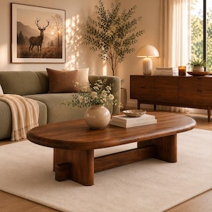 Op de afbeelding: Een lage, ovaalvormige houten salontafel met een gladde, donkerbruine afwerking en dikke, stevige poten. De tafel heeft een centrale horizontale steunbalk die de twee brede blokpoten verbindt, wat zorgt voor een solide en stabiele basis.