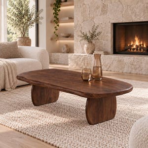 Peut inclure: Une table basse profil bas fabriquée en bois brun foncé avec un plateau lisse de forme ovale et deux pieds solides en forme de dalle incurvée. La table présente une finition en grain de bois naturel et est posée sur un tapis tissé clair.