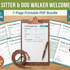 Könnte beinhalten: Ein 7-seitiges, druckbares PDF-Willkommenspaket für Tiersitter und Hundebetreuer mit Aufnahmeformularen, täglichen Besuchsprotokollen und Notfallkontakten auf einem Klemmbrett mit brauner Lederleine und Stift sowie einem kleinen Hund.