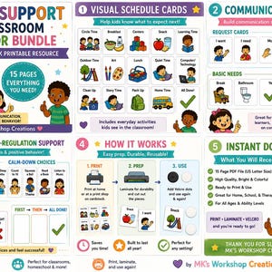 May include: A printable visual support and classroom behavior bundle featuring 15 pages of schedule cards, communication cards, and self-regulation tools. The resource includes colorful illustrations of daily activities, emotions, and instructions.