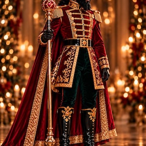May include: A regal nutcracker-inspired costume featuring a deep red velvet military-style jacket with gold embroidery, epaulettes, and a matching cape. The outfit includes dark green trousers, black leather boots, and a tall crown with gold accents.