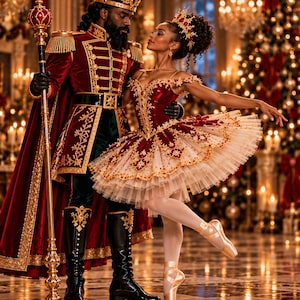 May include: A nutcracker-inspired costume featuring a deep red velvet military-style jacket with gold embroidery, epaulets, and a tall crown, paired with a matching red velvet tutu dress adorned with gold lace, intricate beading, and a tiara.