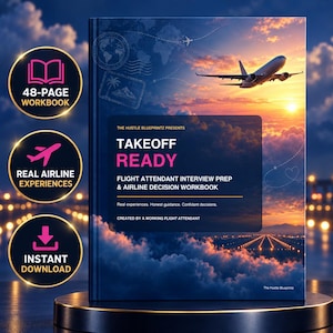 May include: A 48-page workbook titled Takeoff Ready: Flight Attendant Interview Prep & Airline Decision Workbook. The cover features a commercial airplane flying into a sunset sky, with three circular badges highlighting features like instant download.