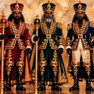 May include: Three figures in ornate military-style uniforms featuring gold leaf embroidery. The left figure wears red, the center green, and the right blue. Each wears a tall crown, black gloves, and boots, holding a golden scepter or sword.