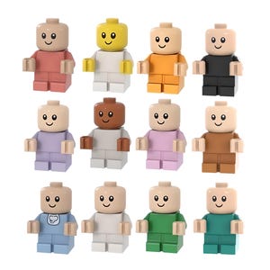 Könnte beinhalten: Eine Sammlung von zwölf Kunststoff-Spielfiguren, angeordnet in drei Reihen. Jede Figur hat einen glatten, abgerundeten Kopf mit aufgedrucktem lächelndem Gesicht, bewegliche Arme mit C-förmigen Händen sowie einen Torso mit Beinen in verschiedenen einfarbigen Tönen wie Rot, Gelb, Orange, Schwarz, Lila, Grau, Rosa, Braun, Blau, Weiß, Grün und Türkis.