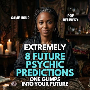 Könnte beinhalten: Eine Person mit geflochtenem Haar in schwarzer Kleidung sitzt hinter einem Tisch mit Kerzen und Kristallen. Der Text lautet: SAME HOUR, PDF DELIVERY, EXTREMELY 8 FUTURE PSYCHIC PREDICTIONS, ONE GLIMPSE INTO YOUR FUTURE. Die Umgebung ist dunkel.