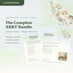 May include: A 2-guide bundle for radiography students titled The Complete ARRT Bundle, featuring Radiation Safety & X-Ray Physics and Image Production & Image Evaluation. The covers include watercolor cat illustrations and a small photo of a dog.