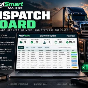 Könnte beinhalten: Ein Laptop zeigt die HaulSmart Tools US Dispositionssoftware mit einer Übersicht zu Ladungsstatus, Fahrerzuweisungen und Umsatzkennzahlen. Daneben steht ein schwarzer Becher mit der Aufschrift Good Loads Better Miles.