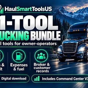 May include: A digital product advertisement for HaulSmartToolsUS 11-Tool Trucking Bundle, featuring a black semi-truck on a road with mountains. Text includes Excel tools for owner-operators, loads and profit, expenses and fuel, broker and customer records, digital download, and includes Command Center V3.