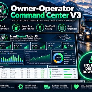May include: A digital dashboard titled Owner-Operator Command Center V3 displayed on a laptop screen, featuring financial metrics, revenue charts, expense breakdowns, and load tracking data for trucking business management.