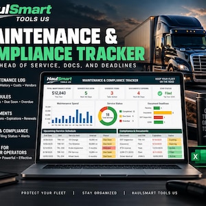 May include: A laptop displaying the HaulSmart Tools US Maintenance & Compliance Tracker software dashboard, featuring charts, service schedules, and compliance data. The screen shows maintenance spend, service status, and document deadlines for fleet management.
