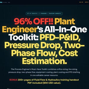 May include: A digital graphic advertisement for a Plant Engineer's All-In-One Toolkit. The text features bold yellow and white lettering on a dark background, detailing resources for PFD-P&ID, pressure drop, two-phase flow, and cost estimation.