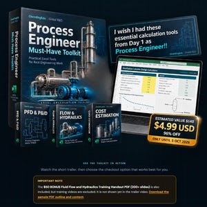 Peut inclure: Un coffret Process Engineer Must-Have Toolkit contenant des outils de calcul Excel, incluant des modules PFD & P&ID, Flow & Hydraulics et Cost Estimation. Un ordinateur portable affiche une interface de tableur de calcul de colonne.