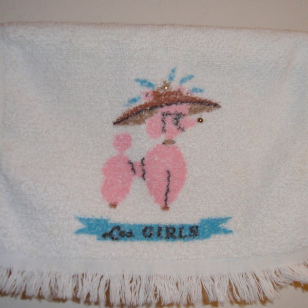 1950's hand towel--pink poodle in a hat, with "Les Girls" written below, by Royal Terry of California