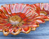 Mid century California pottery chip and dip bowl serving bowls trinket dishes, mod orange and gold daisy flowers with drip glaze, 1960's era